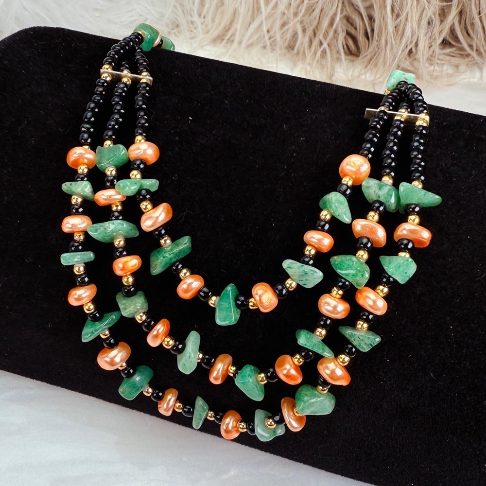 Vintage Bohemian Chic Green and Orange Beaded gemstone 3 tier Necklace